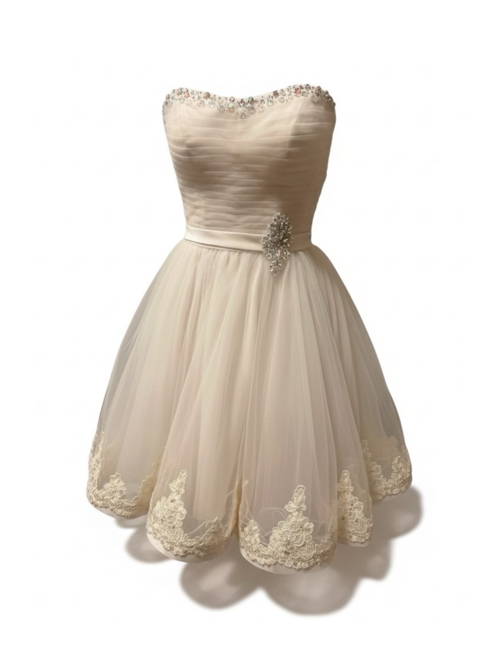 Mori Lee Cream Strapless Tulle Dress with Beaded Accents